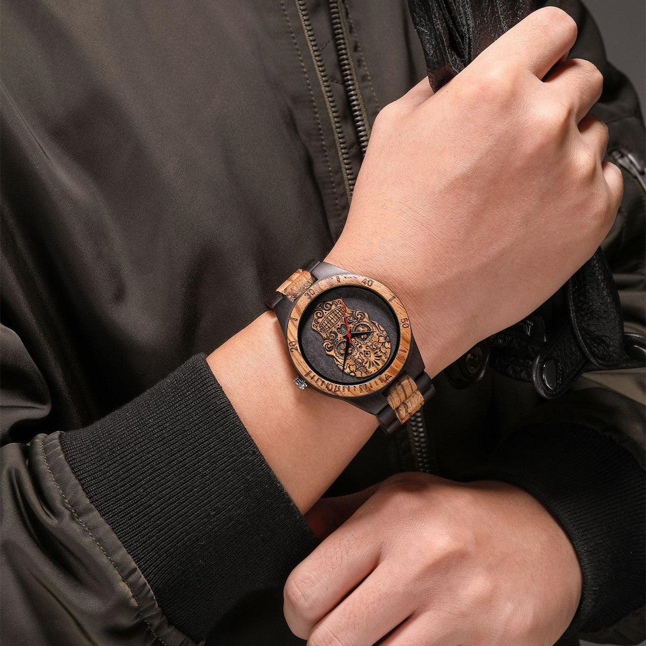 Skull Wooden Watch Quartz Scale Double Color - Trendha