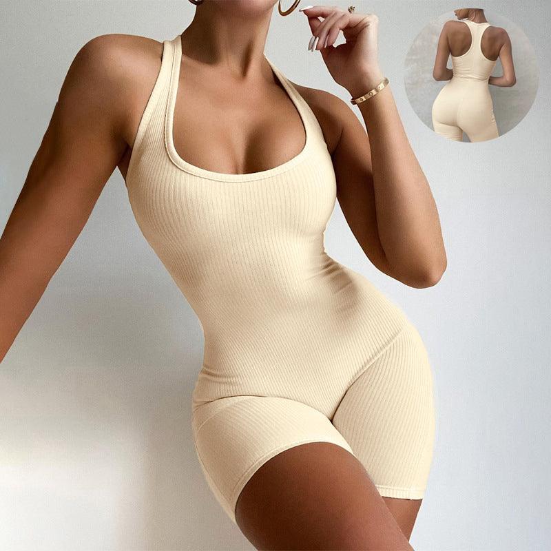 Sleeveless Backless Jumpsuit Colid Color Fitness Sports Yoga Leggings Shorts Bodysuits Women Slim Yoga One Piece Rompers - Trendha