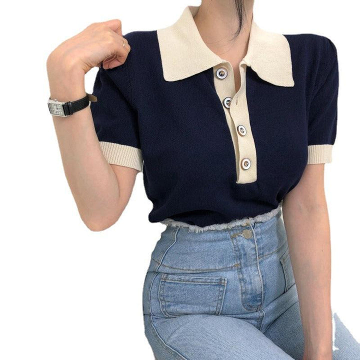 Slim Fit Collar Decorated With Buttons Top Contrast Color Lapels Short Sleeve Sweater - Trendha