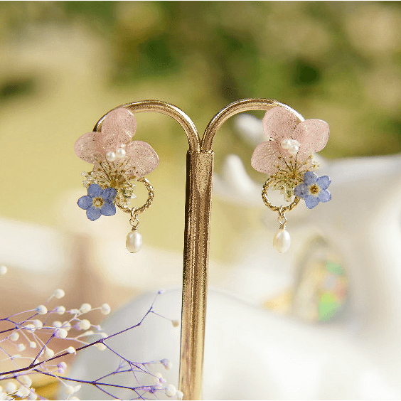 Small Flower Frame Hydrangea Forget-me-not Pearl Style Sterling Silver Earrings - Trendha