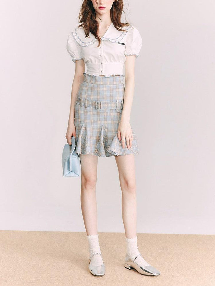 Small Shirt Puff Sleeve Navy Style French Style Peter Pan Collar Short Sleeve - Trendha