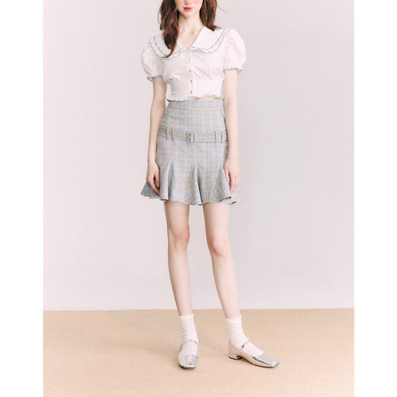 Small Shirt Puff Sleeve Navy Style French Style Peter Pan Collar Short Sleeve - Trendha