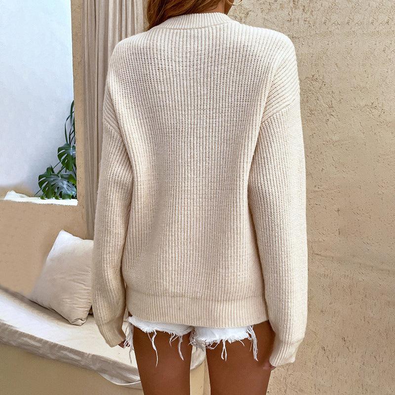 Solid Button Pullover Women's Round Neck Sweater Top - Trendha