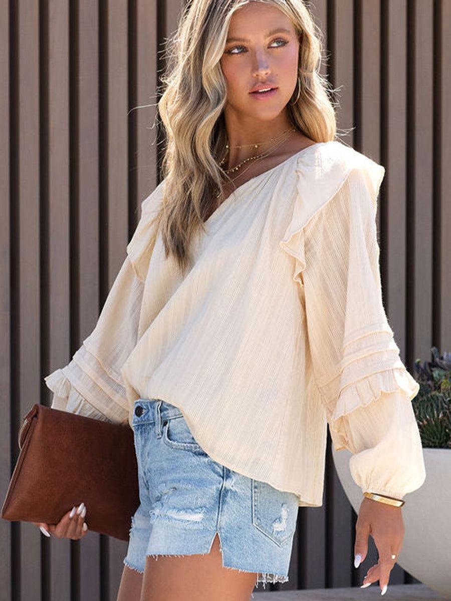 Solid Color And V-neck Ruffled Puff Sleeve Shirt European And American Leisure Pullover - Trendha