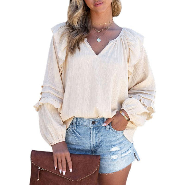 Solid Color And V-neck Ruffled Puff Sleeve Shirt European And American Leisure Pullover - Trendha