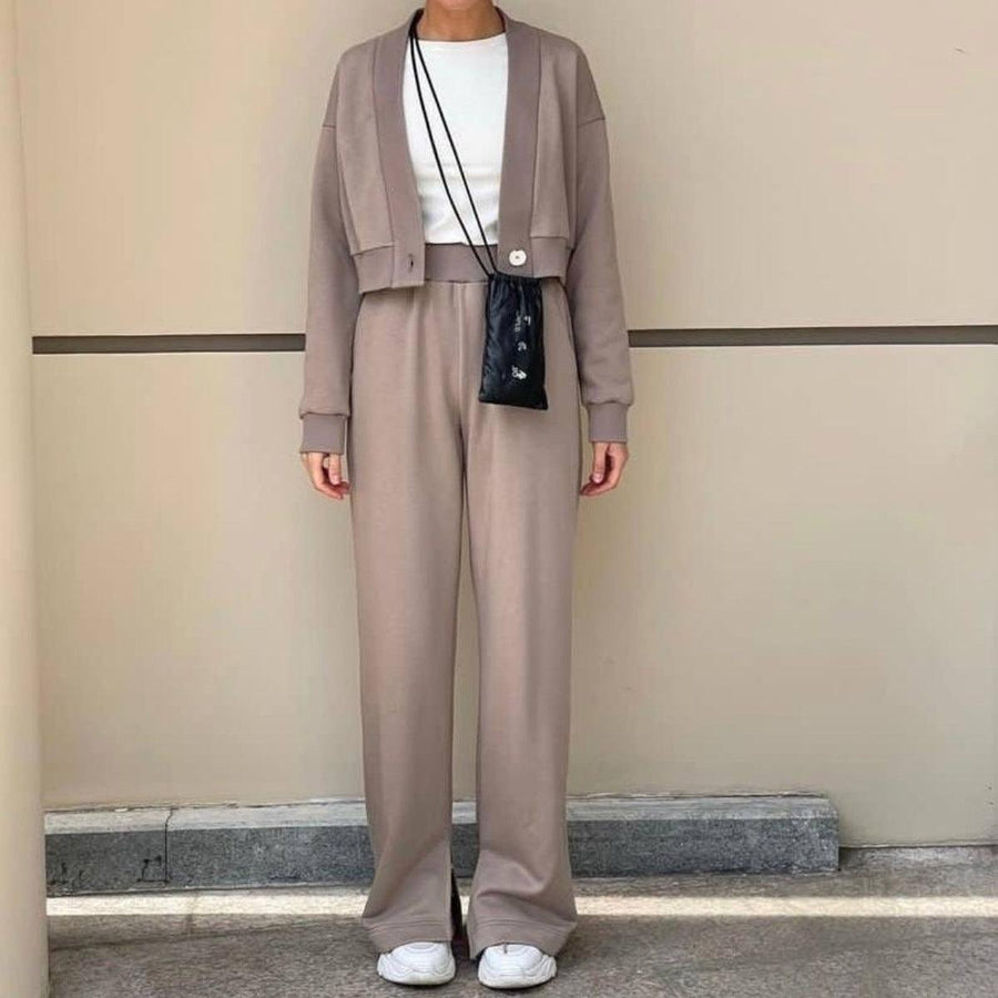 Solid Color Cardigan Long-sleeved Sweater Trousers Suit - Trendha