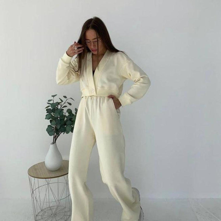 Solid Color Cardigan Long-sleeved Sweater Trousers Suit - Trendha