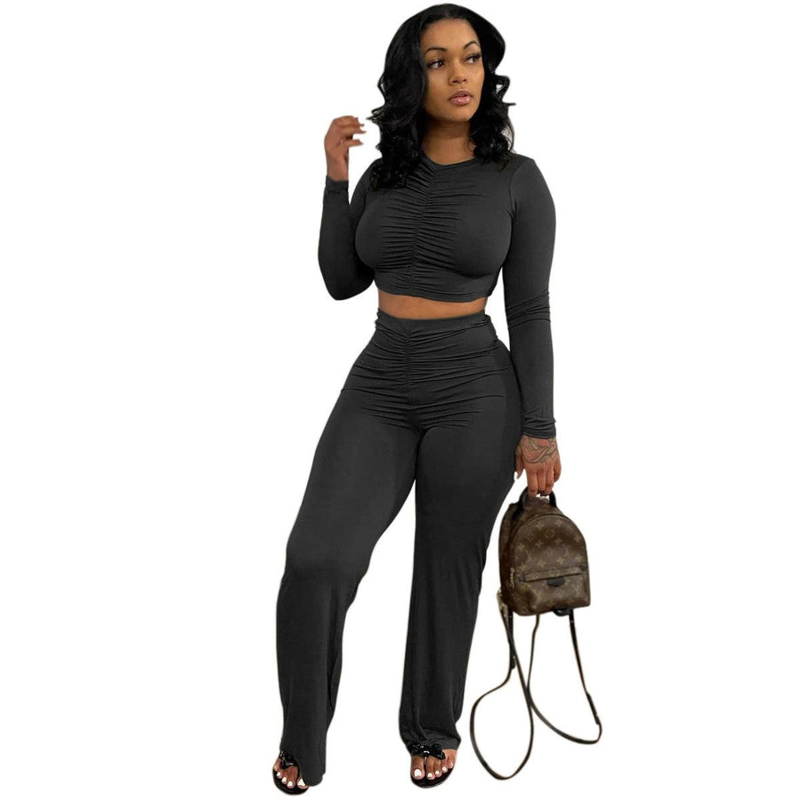 Solid Color Casual Long Sleeves Top New Sports Trousers Two-piece Set - Trendha