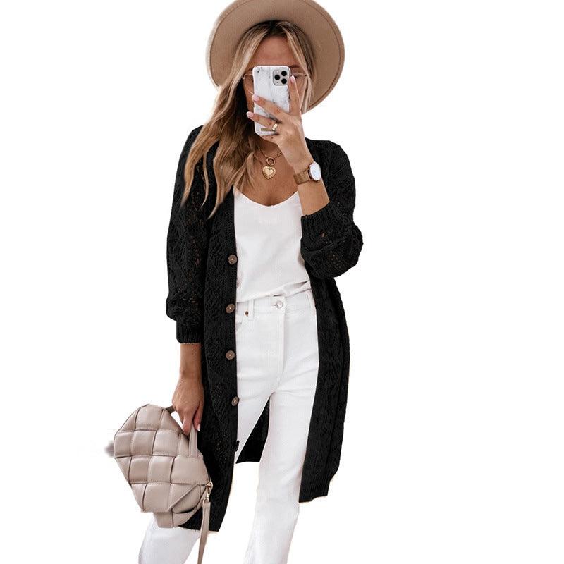 Solid Color Long-sleeved Sweater Women's Hollow-out Long Cardigan - Trendha