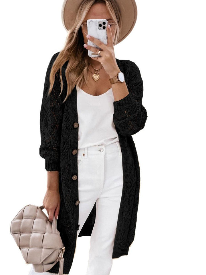 Solid Color Long-sleeved Sweater Women's Hollow-out Long Cardigan - Trendha