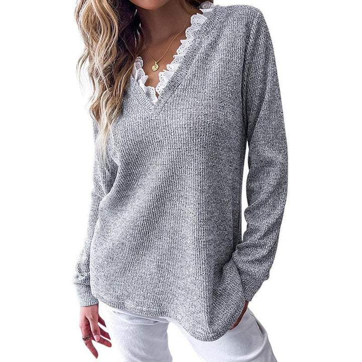 Solid Color Loose Pullover V-neck Long Sleeved T-shirt Women's Top - Trendha