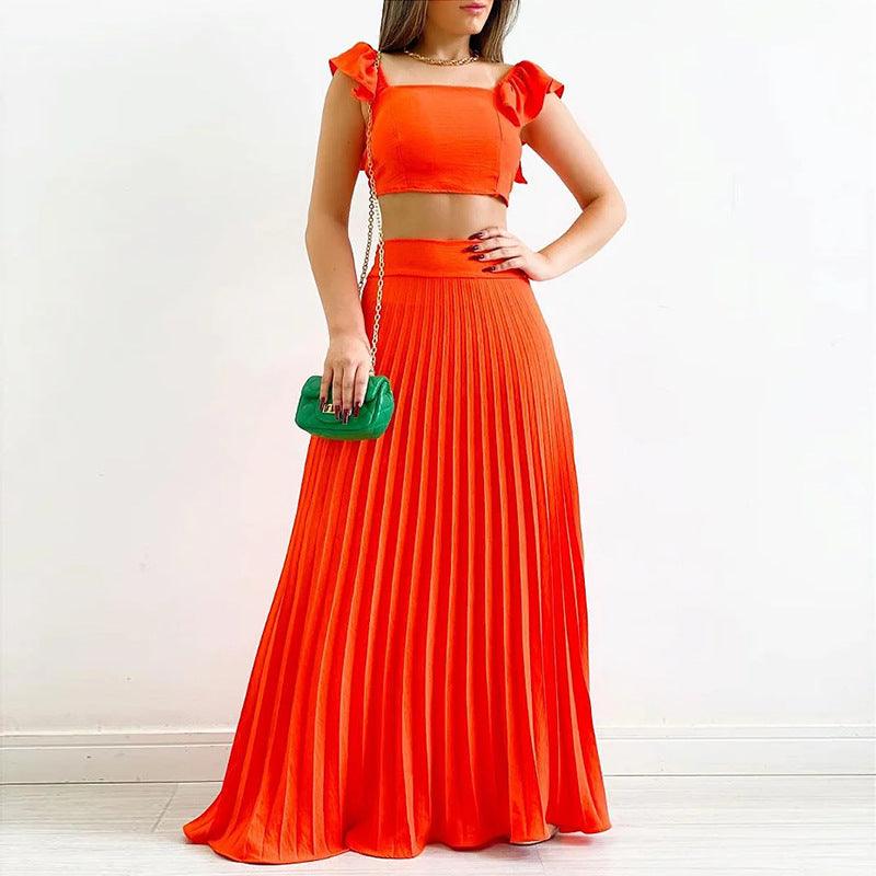 Solid Color Short Vest High Waist Pleated Long Skirt Casual Suit - Trendha