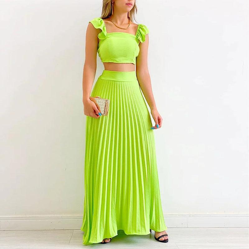 Solid Color Short Vest High Waist Pleated Long Skirt Casual Suit - Trendha
