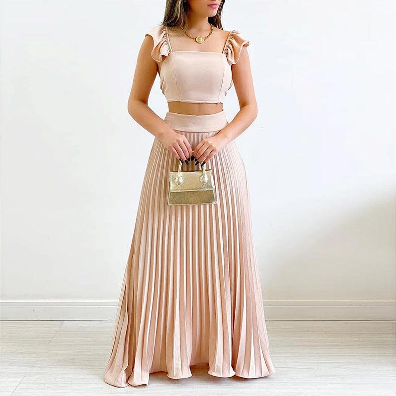 Solid Color Short Vest High Waist Pleated Long Skirt Casual Suit - Trendha