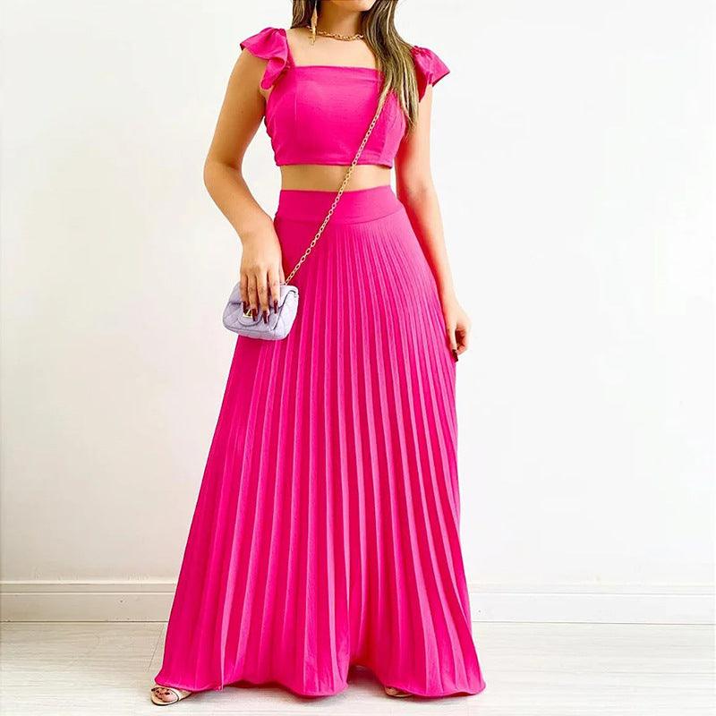 Solid Color Short Vest High Waist Pleated Long Skirt Casual Suit - Trendha