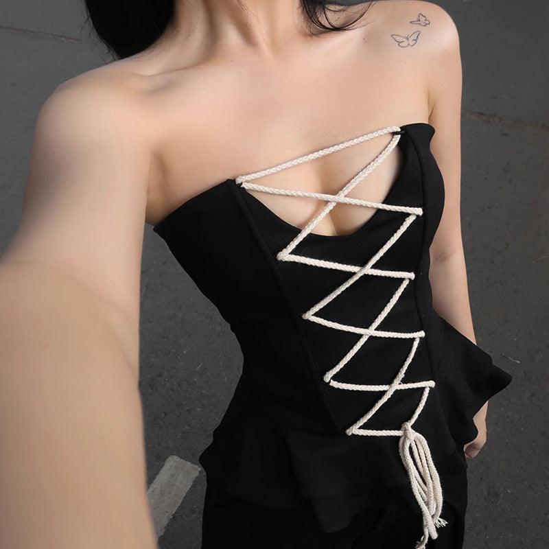 Black Strapless Knit Top with Criss-Cross Tie Detail