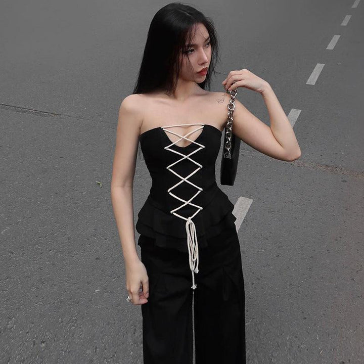 Solid Color Slim Fit Fashion Cotton String Cross Waist Girdling Band Tube Top - Trendha