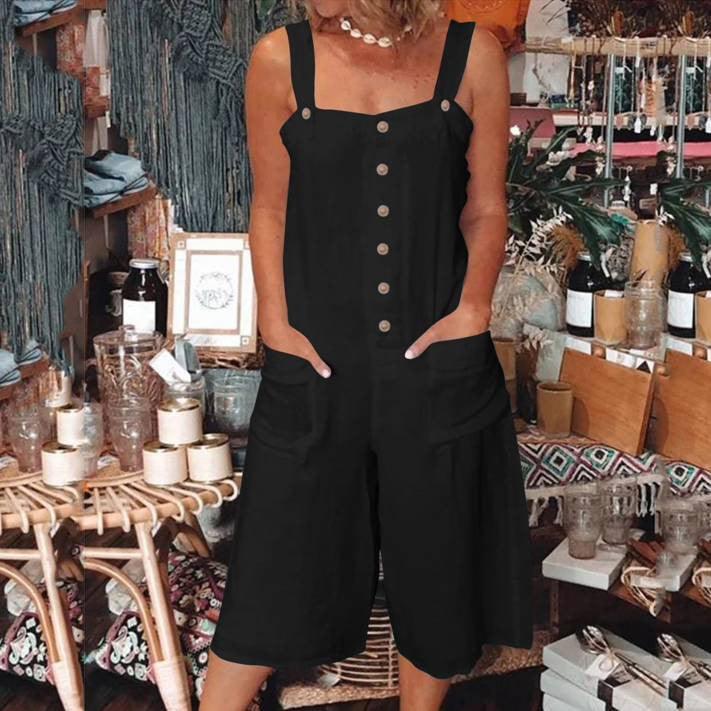 Solid Color Suspender Capri Pocket Button Casual Romper - Trendha