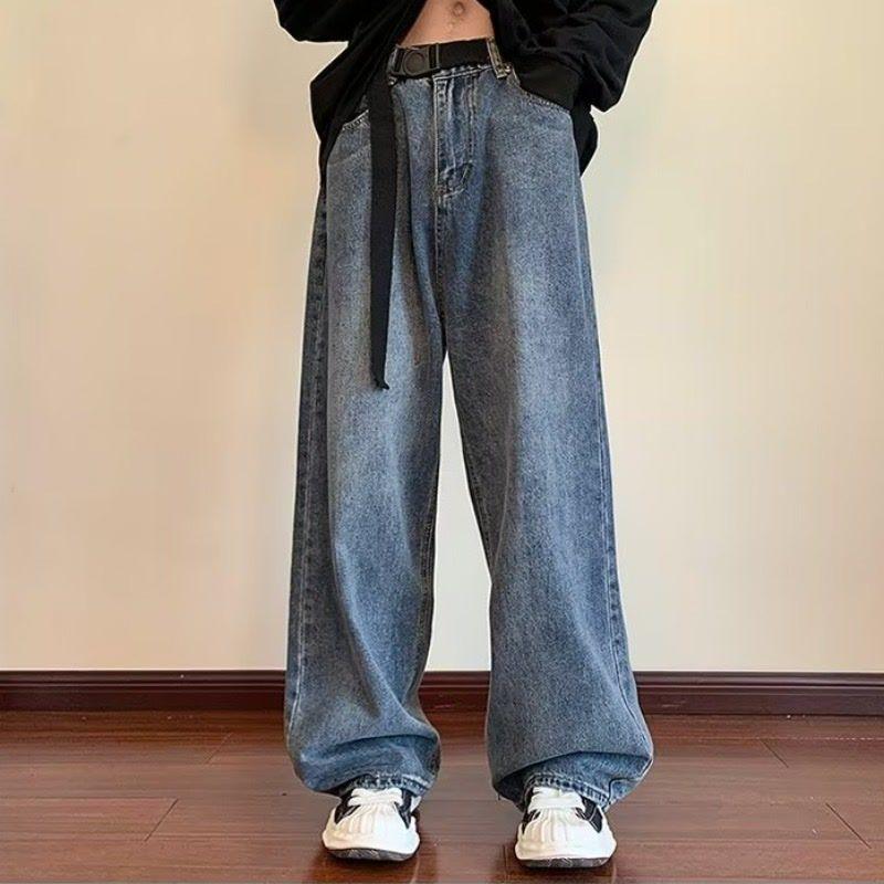 Solid Color Vintage Jeans Men's And Women's Loose Belt Straight Leg Pants - Trendha