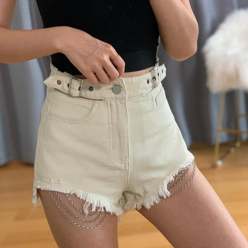 Spring And Summer Fashion Vintage Washed Hollow-out Midriff Chain Denim Shorts - Trendha