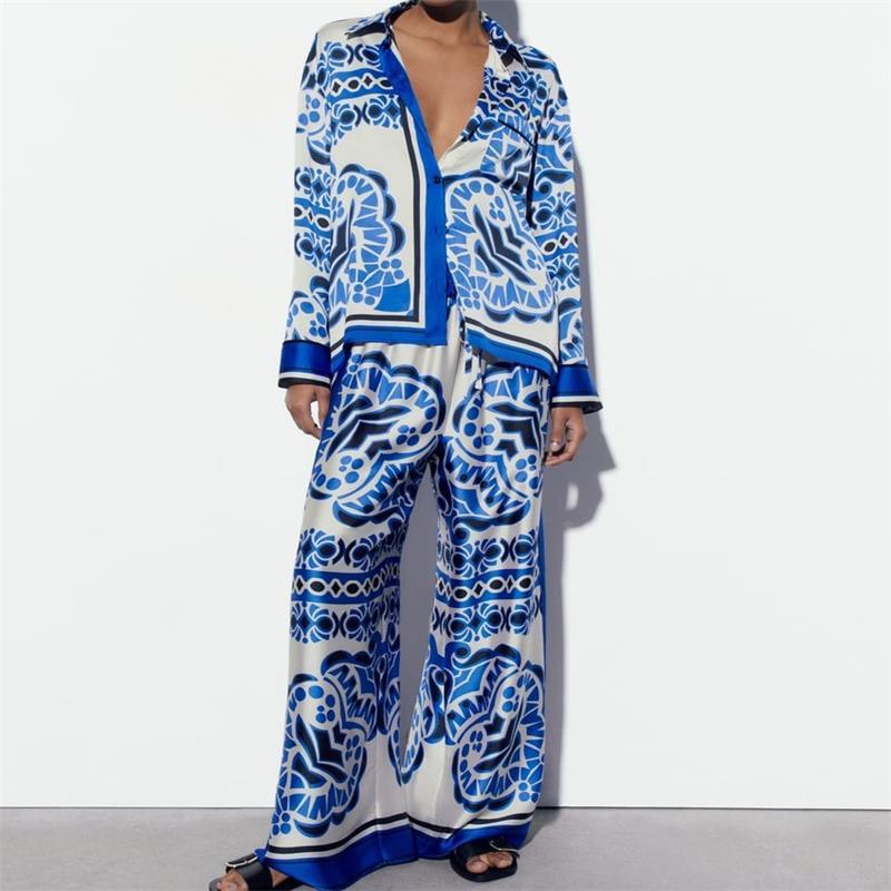 Spring New European And American Printing Drape Loose Shirt Elastic Waist Pajamas Wind Length Blouse And Pants - Trendha