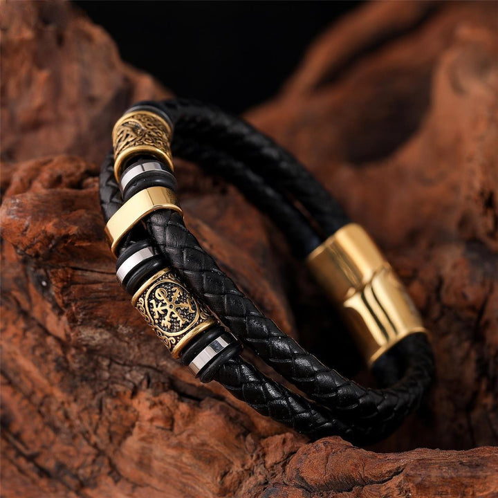 Stainless Steel Gold Double Bar Leather Hand Braided Bracelet - Trendha