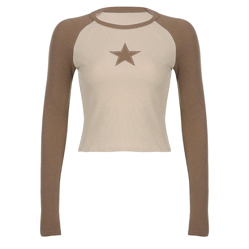 Stars Patchwork Long Sleeve T-shirts Women Slim Tops - Trendha
