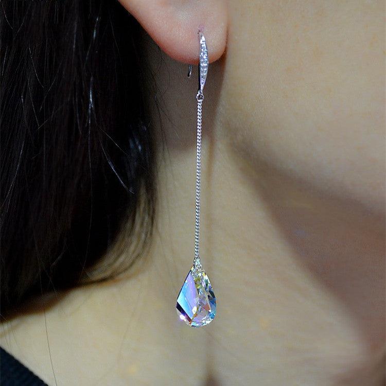 Sterling Silver Crystal Earrings Long Knob Drop - Trendha