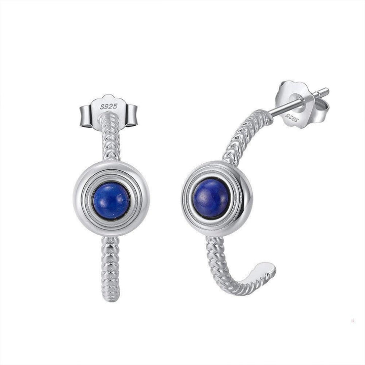 Sterling Silver Earrings Natural Lapis Lazarus 14K Gold Round Inlaid - Trendha