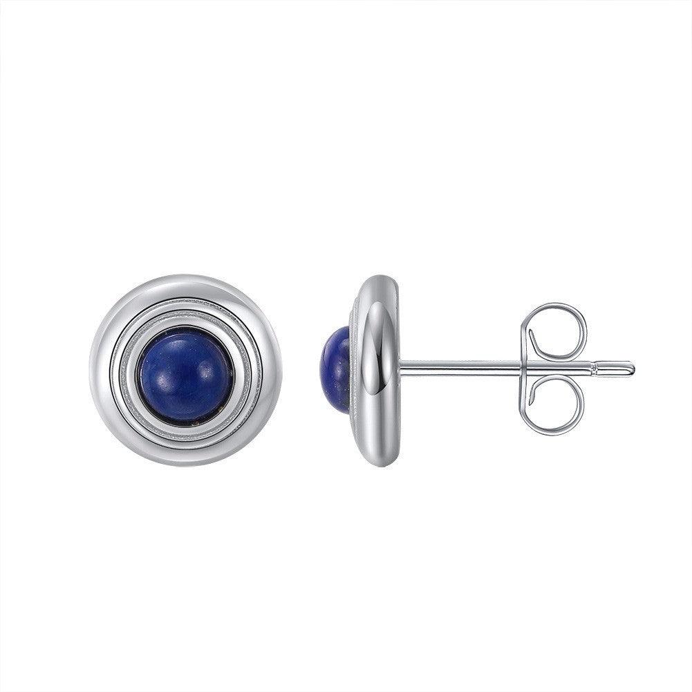 Sterling Silver Earrings Natural Lapis Lazarus 14K Gold Round Inlaid - Trendha