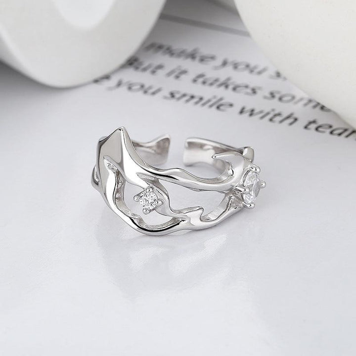 Sterling Silver Hollow Inlaid Zircon Irregular Ring - Trendha
