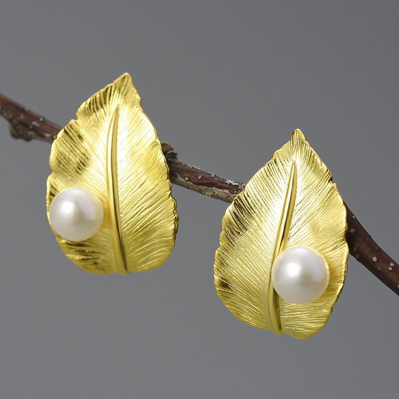 Sterling Silver Leaf Pearl Earrings - Trendha