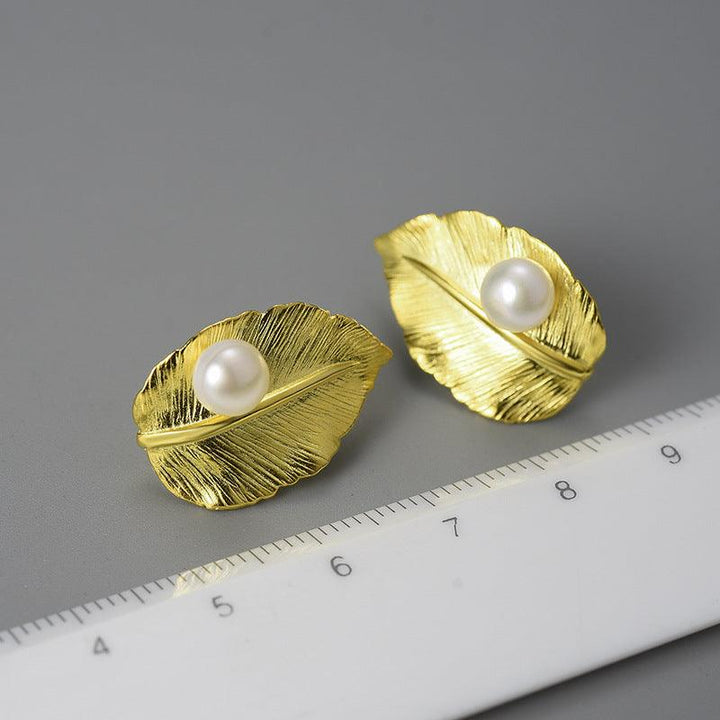Sterling Silver Leaf Pearl Earrings - Trendha