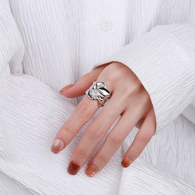 Sterling Silver Wide Irregular Geometric Pleated Texture Ring - Trendha