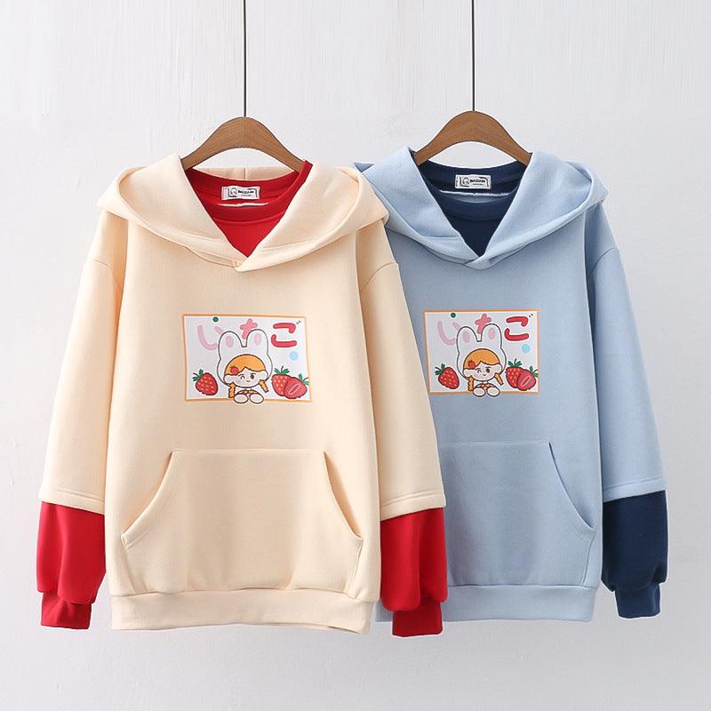 Strawberry Printed Fleece Padded Sweater For Girls