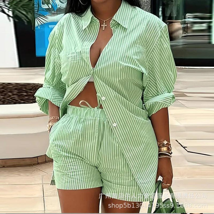Striped Commute Leisure Top And Shorts Set - Trendha