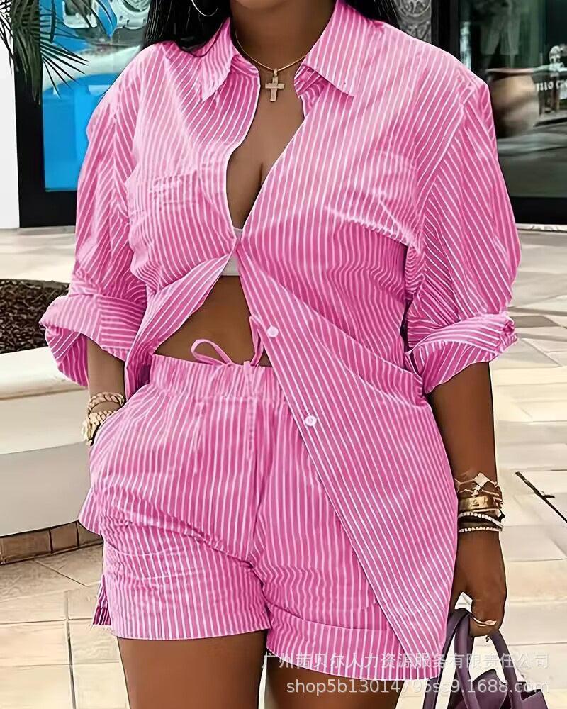 Striped Commute Leisure Top And Shorts Set - Trendha