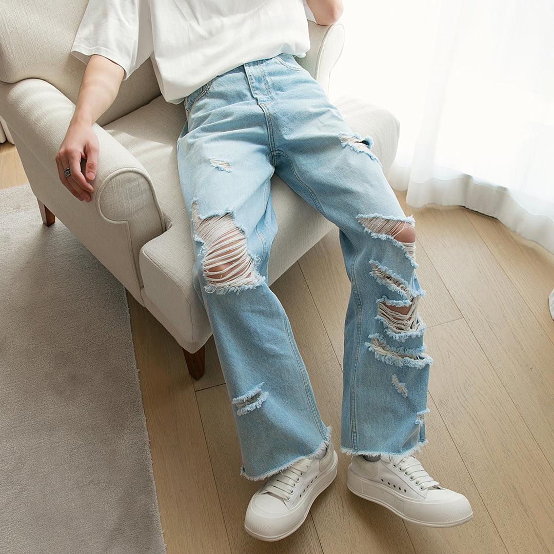 Summer American Retro Loose-fitting Tide Straight Hole In The Senior Casual Jeans - Trendha