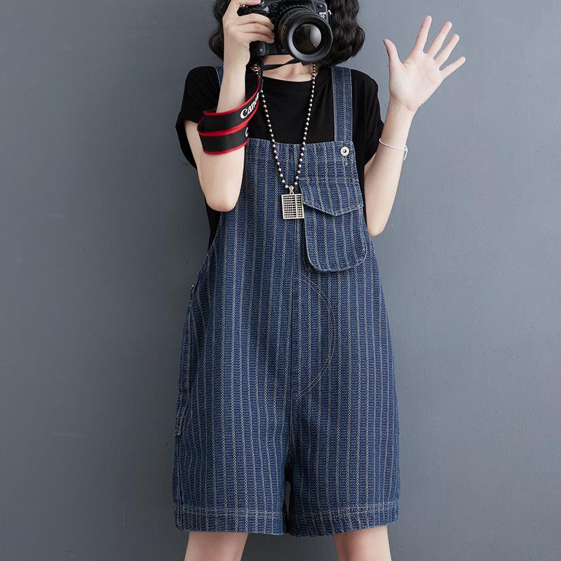 Summer New Large Vertical Stripe Denim Strap Shorts For Women - Trendha