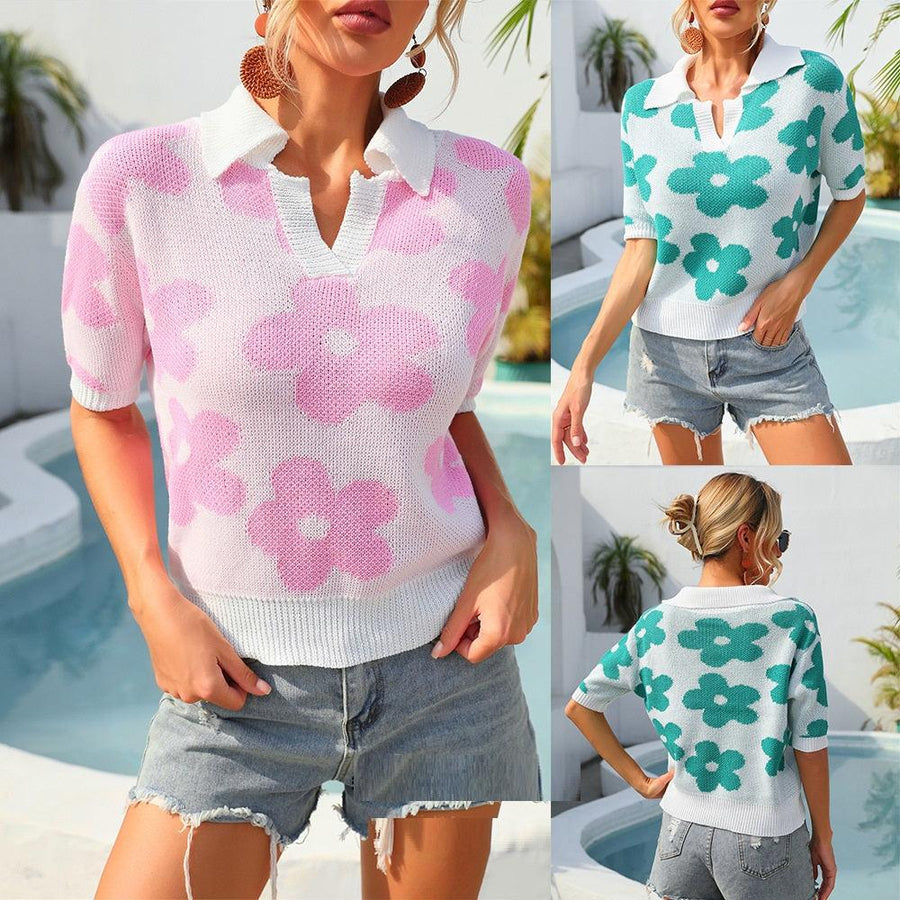 Summer New Women's Trending Unique Lapel Flower Print Short Sleeve - Trendha