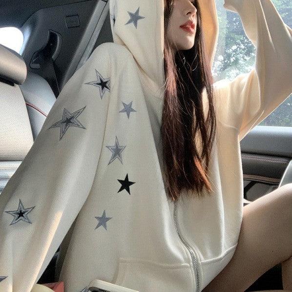 Sweet Cool Stars Embroidered Zipper Hooded Sweatshirt Jacket Female - Trendha