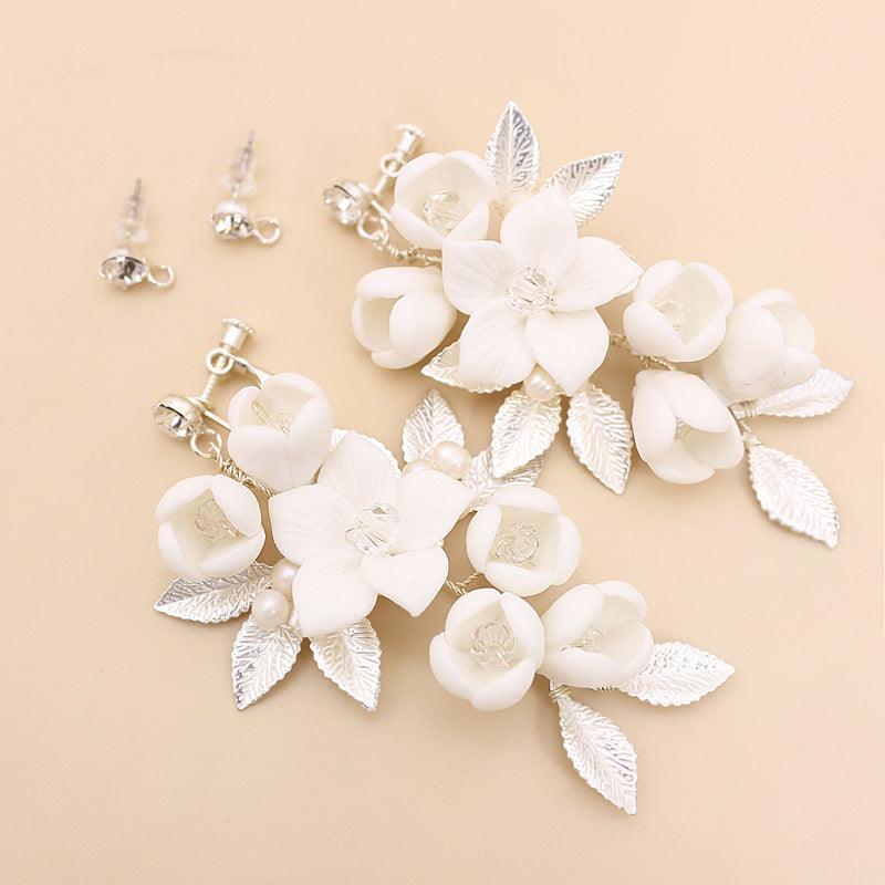 Temperament Simple White Ceramic Flower Bridal Earrings - Trendha