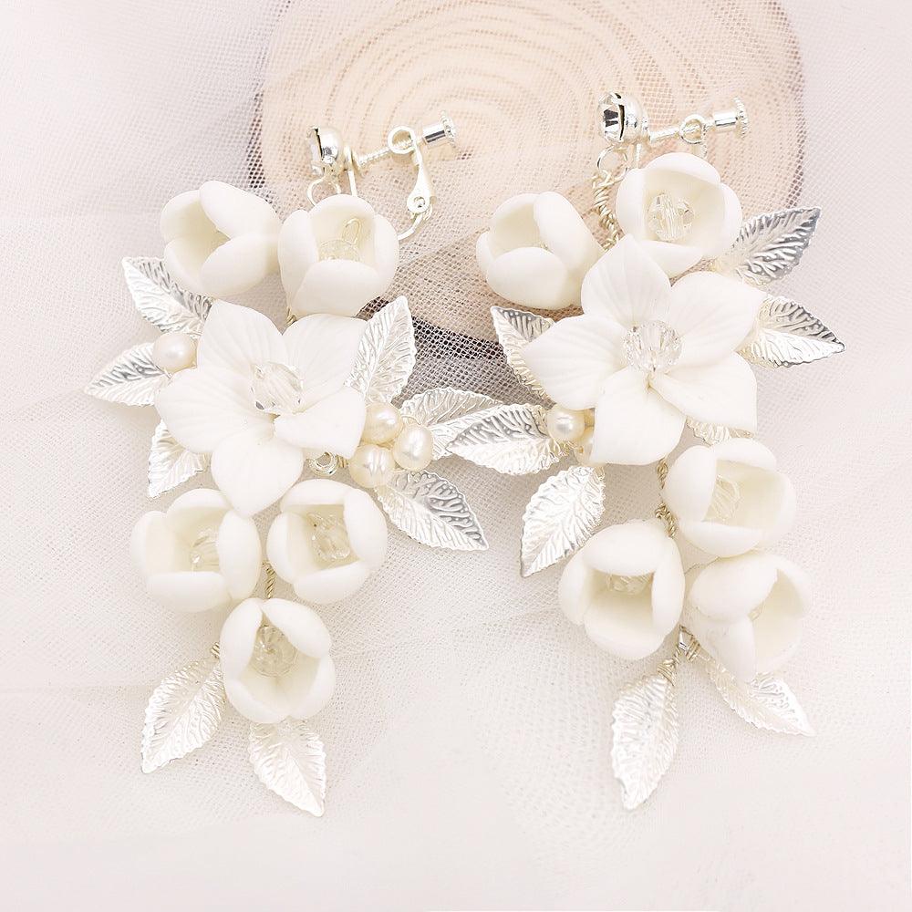 Temperament Simple White Ceramic Flower Bridal Earrings - Trendha