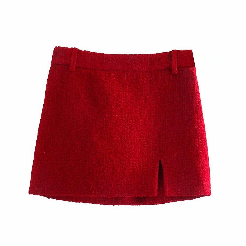 Textured Woolen Short Double Breasted Blazer Split Skirt - Trendha