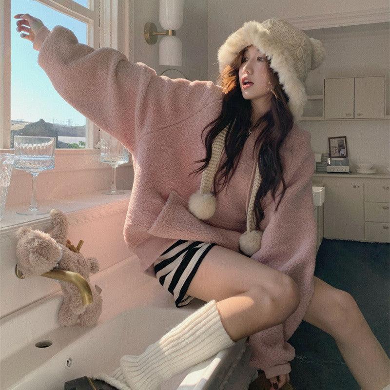 Thickened Imitation Lamb Wool Hooded Sweater For Women - Trendha