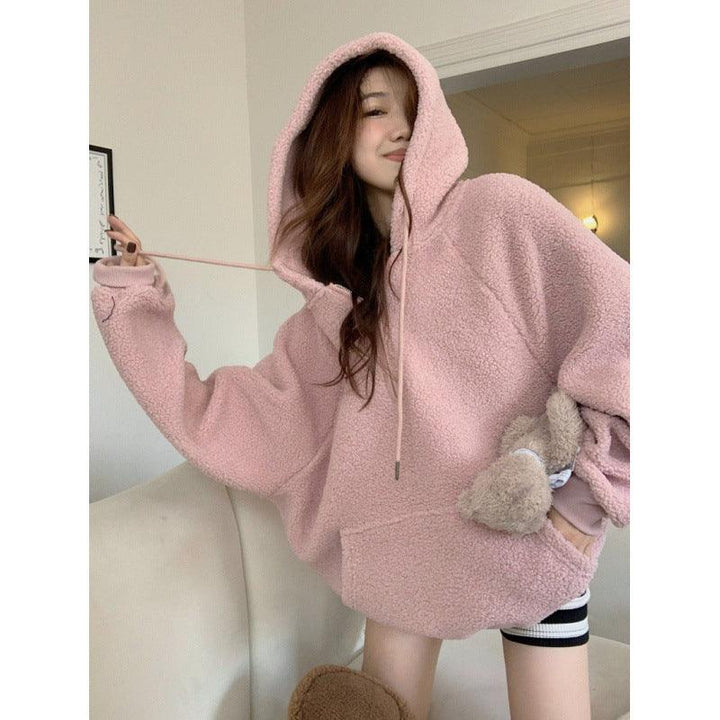 Thickened Imitation Lamb Wool Hooded Sweater For Women - Trendha