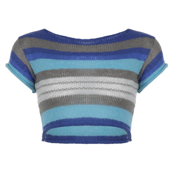 Thin White Blue Stripe Contrast Wool Short Sleeve - Trendha