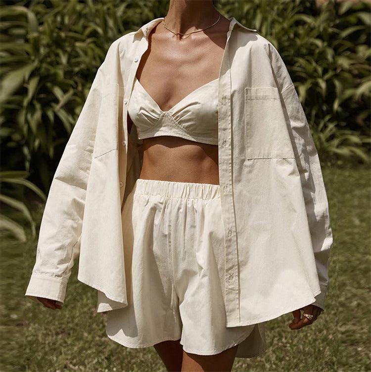 Three-piece Suit Single-breasted Long Sleeve Lapel Shirt Shorts Fashion Casual Set - Trendha