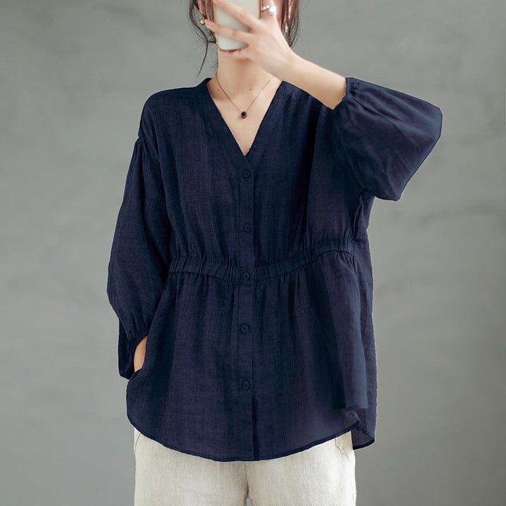Tiansi Ramie New V-neck Shirt For Women Loose Fitting - Trendha
