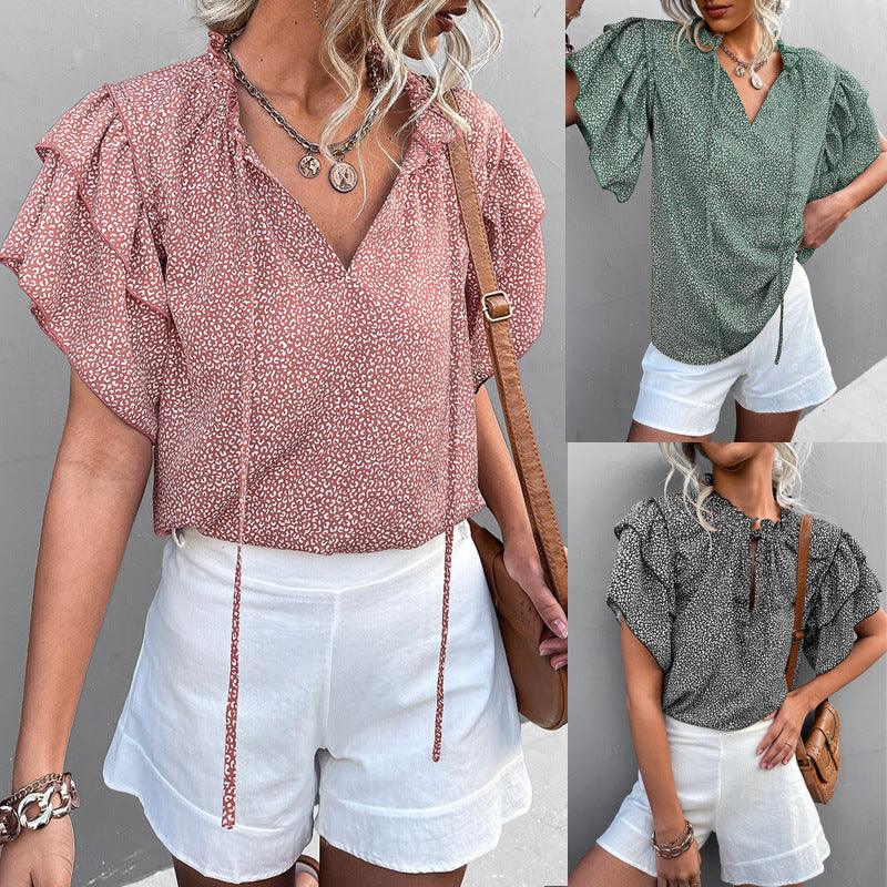 Tied V-neck Leopard Print Top Casual T-shirt